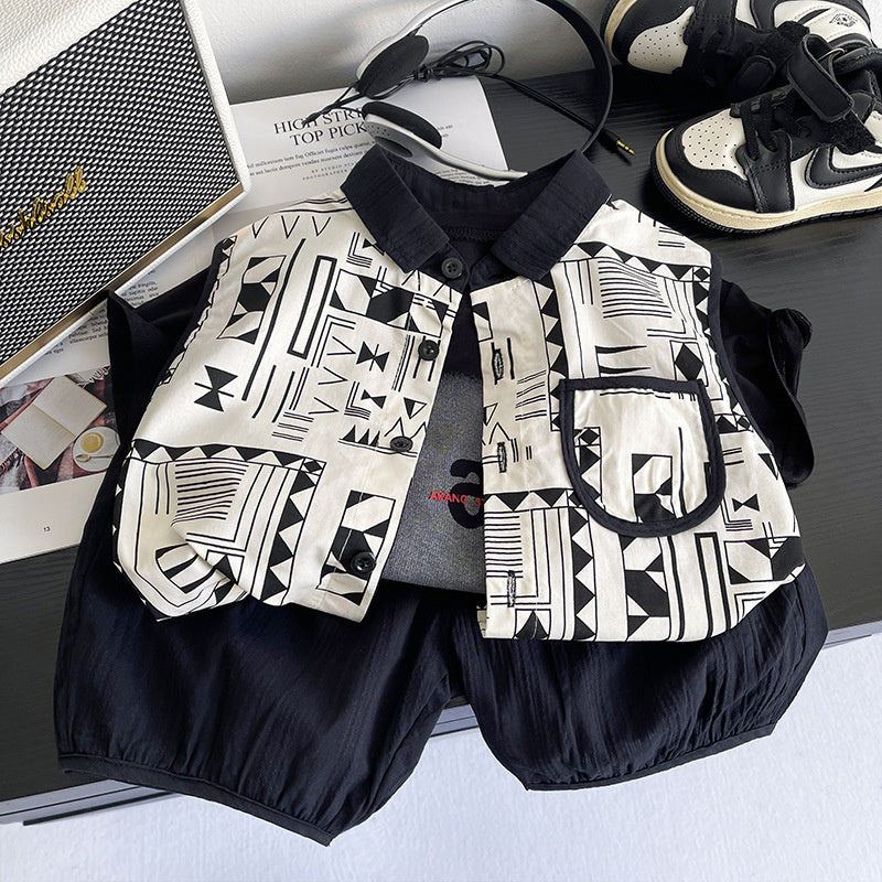 Boys' Outfit 2026 New Style Shirt Korean Version Baby Boy Summer Fashion Casual Children's Short Sleeve Three-Piece Set