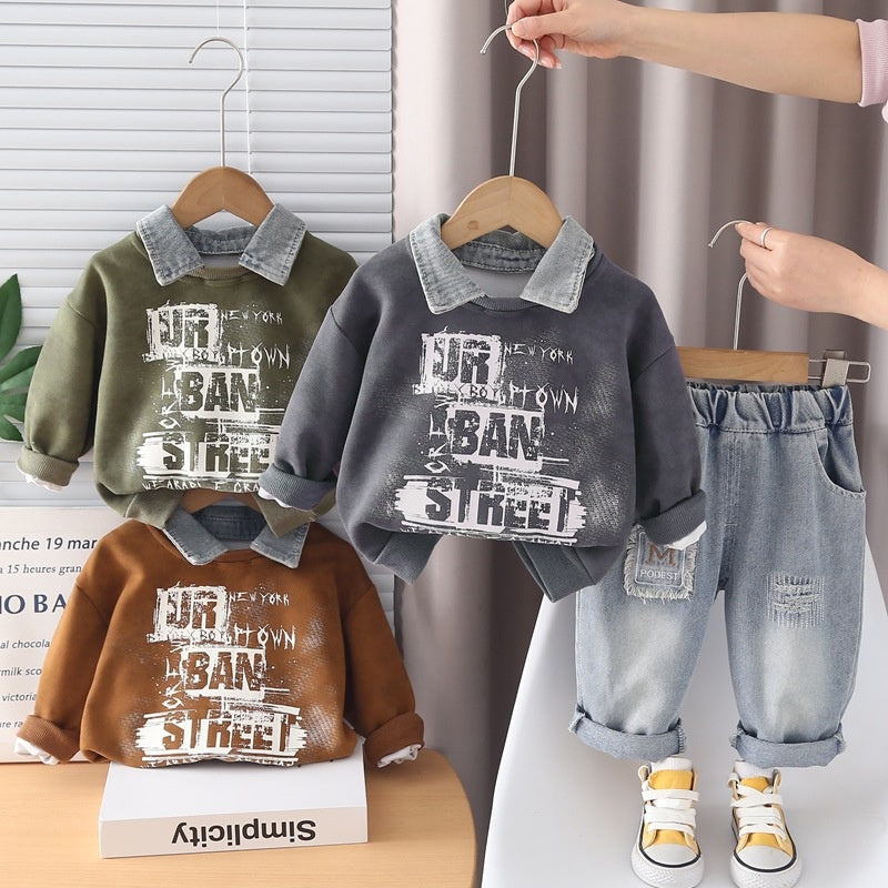 Baby boy spring outfit stylish children's clothing 2026 new style boys' letter sweatshirt two-piece set for one-year-old boys