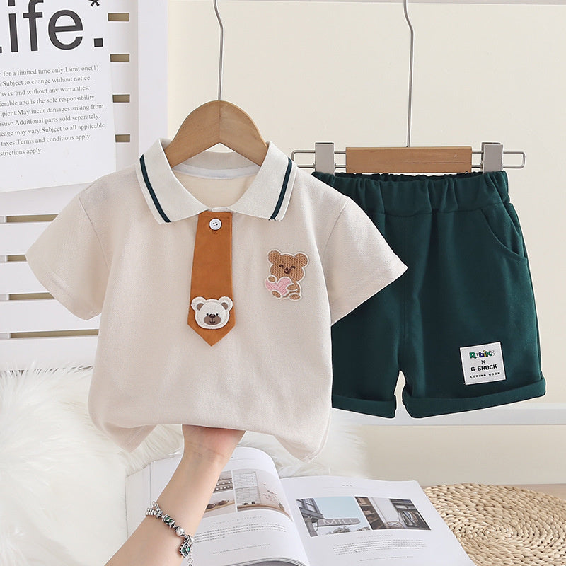Boys' Summer Outfit 2026 New Fashionable Baby Bear Tie Placket Short Sleeve Two-Piece Set Infant Children's Clothing