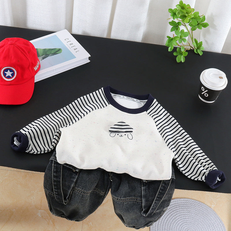 Boys' spring and autumn outfit 2026 new model children's long-sleeve striped hat dog hoodie two-piece set stylish baby fashion
