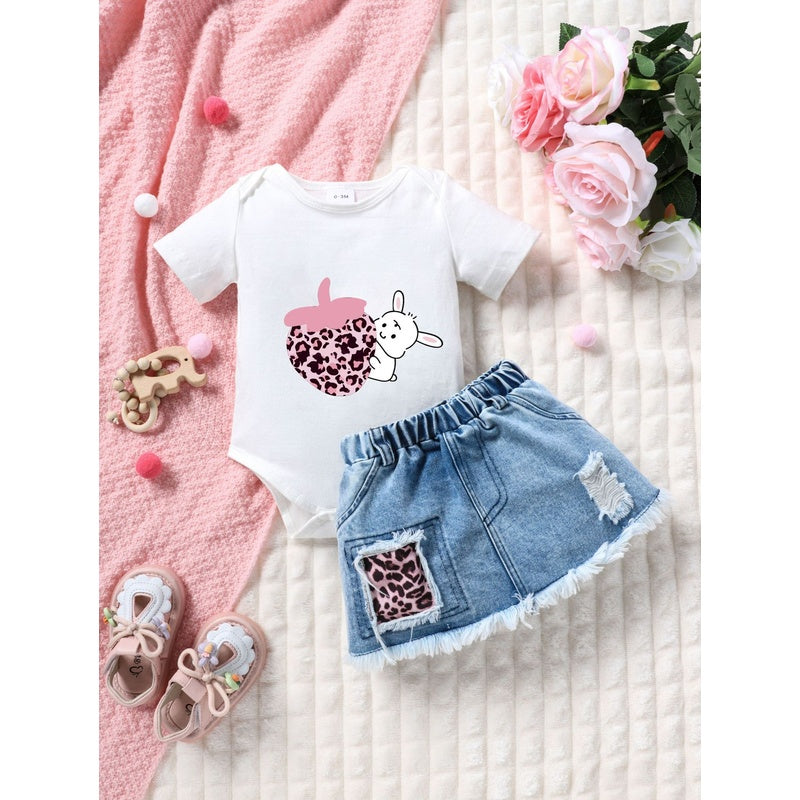 Summer Clothing European and American Style Girls' Infant Baby Printed Short-Sleeve Romper Denim Skirt Children's Set