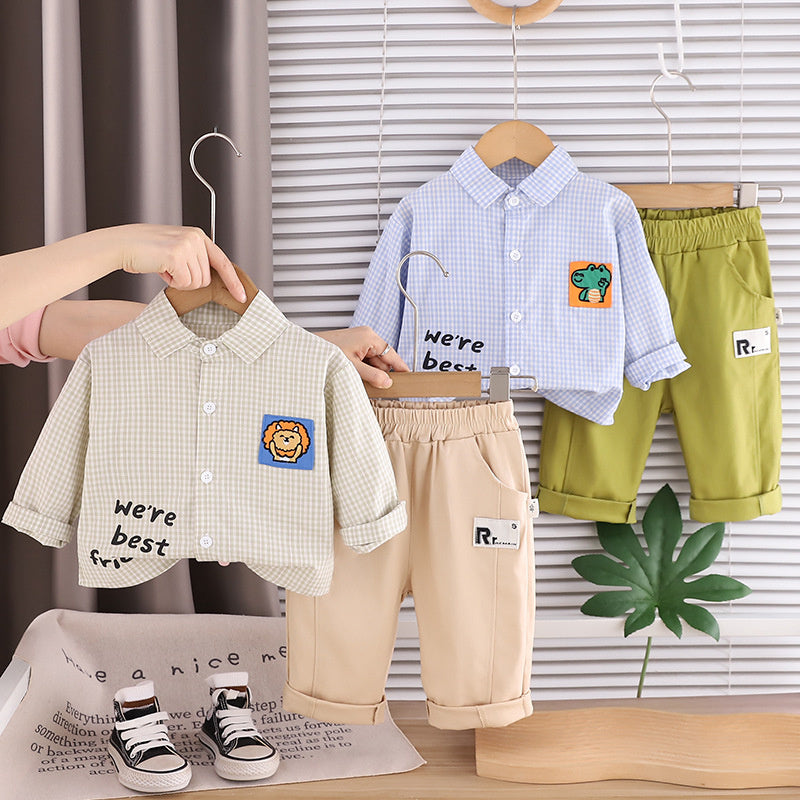 Boys' Spring Outfit: Small Checkered Shirt 2026 New Fashionable Baby Spring/Autumn Two-Piece Set for Children 1-4 Years Old