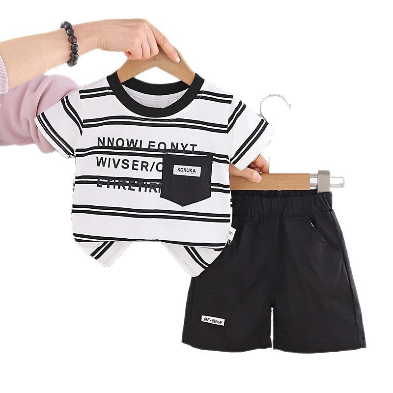 Boys' Short-Sleeve Two-Piece Set 2026 New Baby Summer Casual Clothes Trendy Striped English T-Shirt Outfit