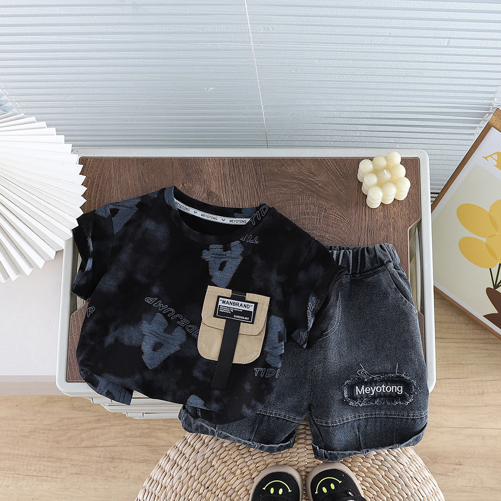 Boys' Outfit 2026 New Style Infant Children's Full-Print Letter Round-Neck Short-Sleeve Two-Piece Set Stylish Baby Summer Wear