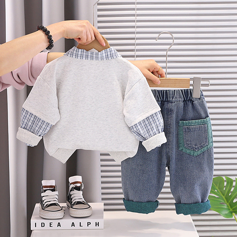 Children's clothing boys, stylish Polo sweatshirt set, fashionable cute puppy outfit for babies toddlers in spring and autumn