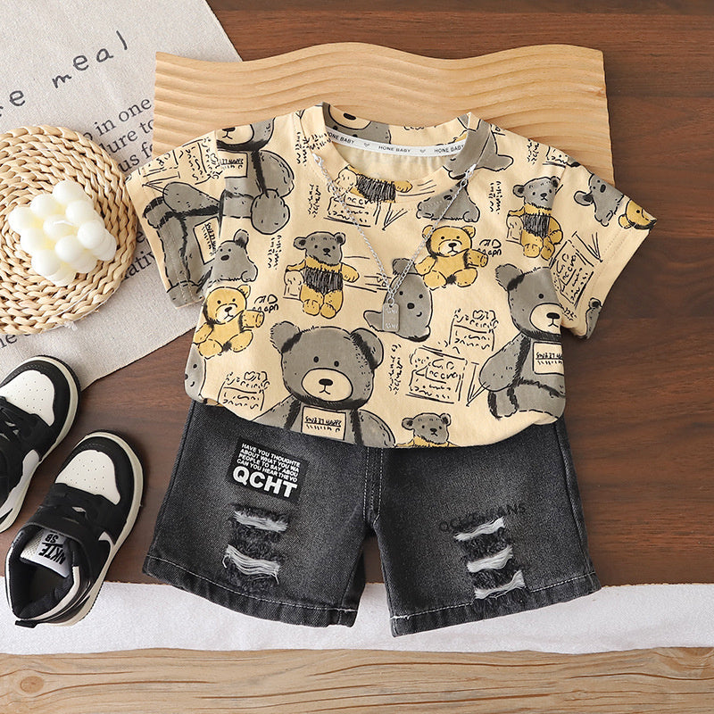 Boys' Outfit New Fashionable Children's Clothing Summer Baby Boy Cartoon Short Sleeve Two-Piece Set for Toddlers