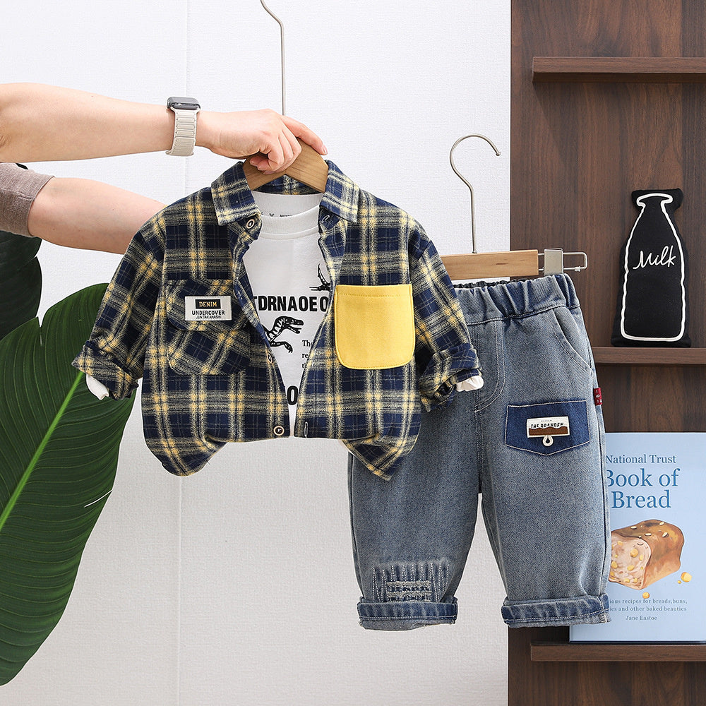 Stylish trendy children's clothing boys, baby outfit, dinosaur plaid shirt three-piece set, 2026 new model for infants in spring and autumn