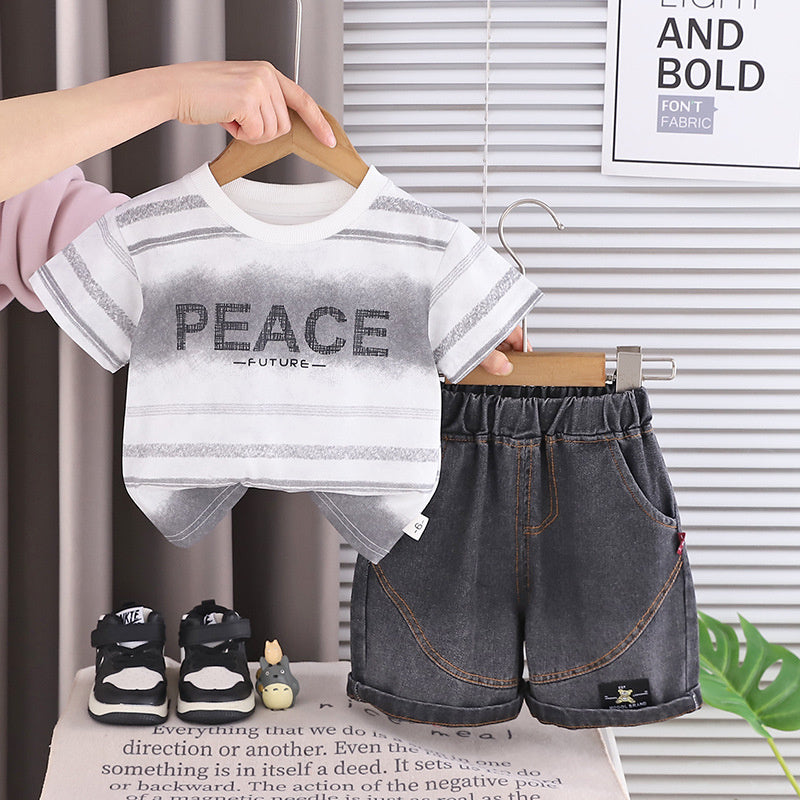 Children's clothing boys' outfit 2026 new style children's summer striped English short-sleeve two-piece set baby clothes