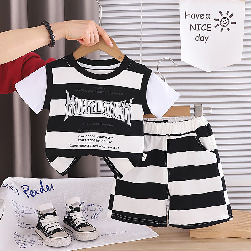 Boys' Outfit: Wide-Striped Letter Print Short-Sleeve Two-Piece Set, 2026 New Fashionable Baby Summer Thin Clothing Trend