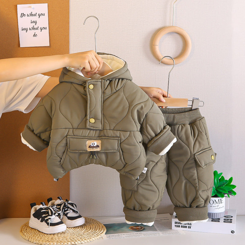 2025 Baby Outfit Fashionable Stylish Fleece-Lined Children's Clothing Boys Winter Thickened Two-Piece Set Trendy One-Piece Dropshipping
