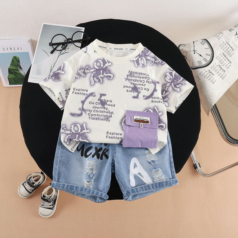 Boys' Outfit 2026 New Style Children's Summer Thin Short-Sleeve Two-Piece Set with Full Letter Print, Trendy and Cool