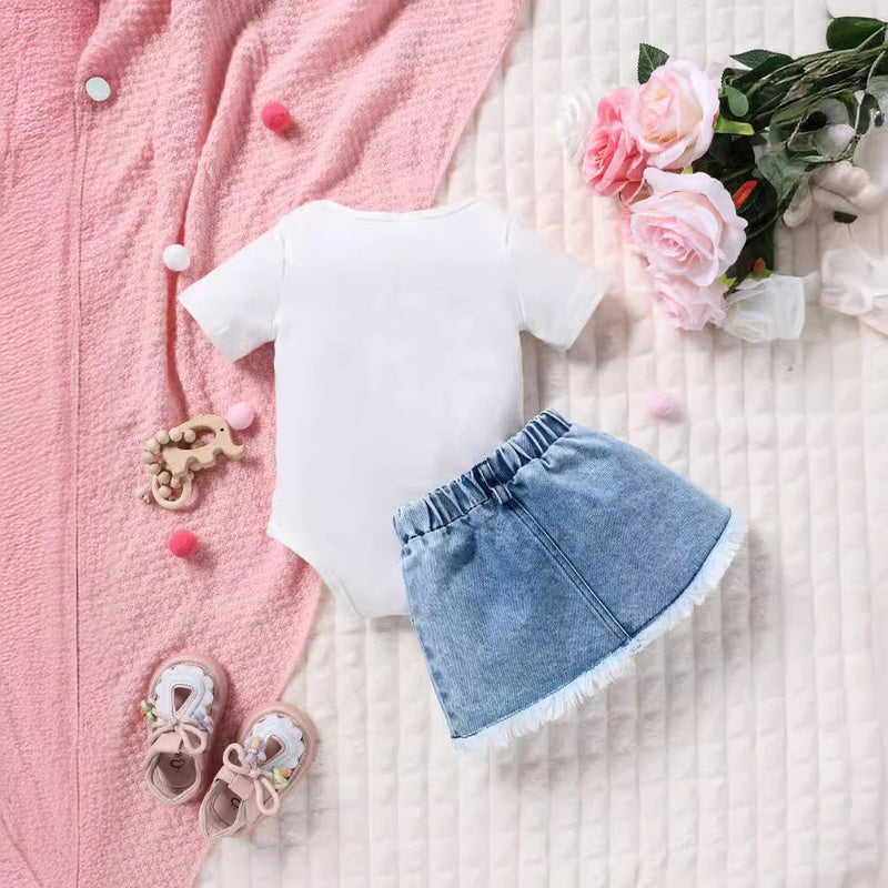 Summer Clothing European and American Style Girls' Infant Baby Printed Short-Sleeve Romper Denim Skirt Children's Set