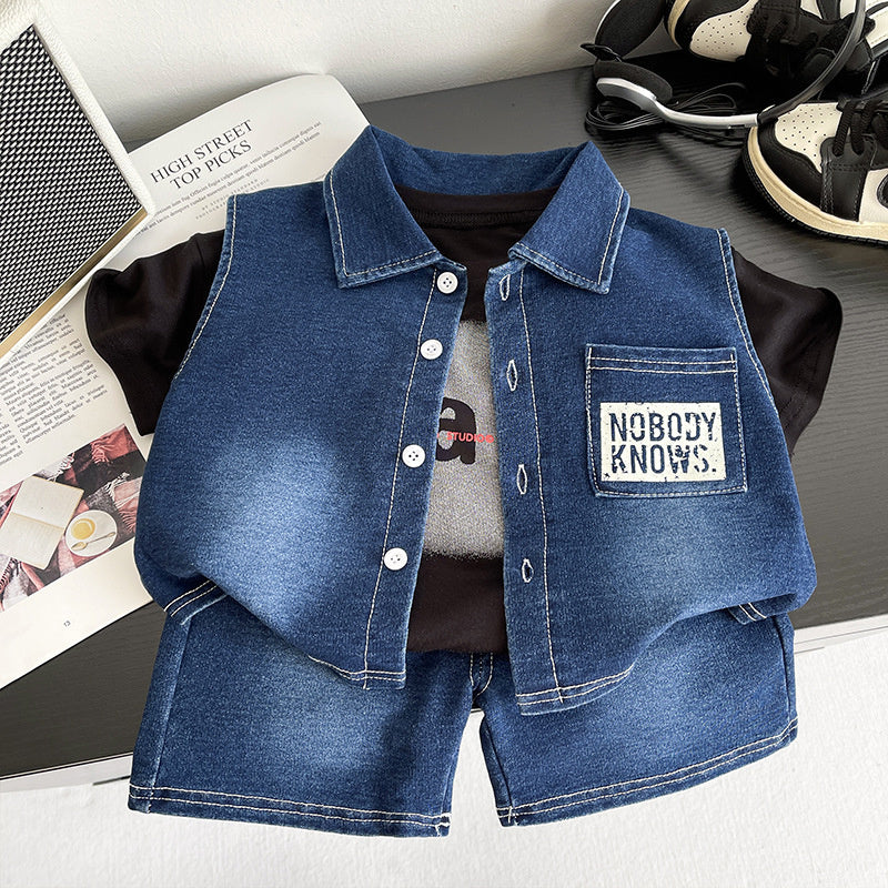 Boys' Outfit Baby Summer Set for 1-2-3-5 Year Old Boys, English Denim Vest Three-Piece Trendy Children's Clothing