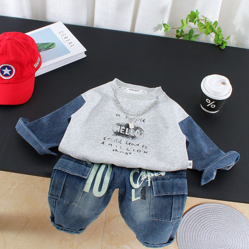 Boys' Outfit 2026 New Style Infant Children's Spring and Autumn Letter Patchwork Sweatshirt Two-Piece Set for Stylish Baby Boys