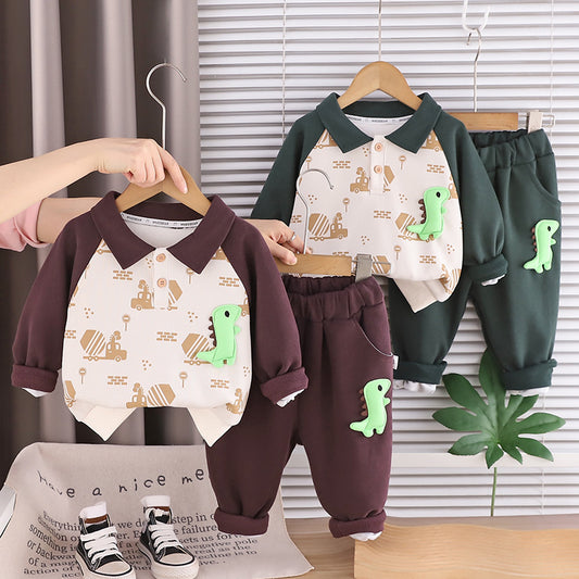 Boys' Outfit Set, Stylish Korean Version 2026 New Model, Children's Spring and Autumn Clothing, Little Dinosaur Color-Block Two-Piece Set for 1-5 Years Old