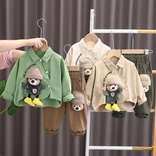 Baby Stylish Fashionable Outfit 2025 New Children's Plush Bear Shirt Two-Piece Set Boys Spring and Autumn Long Sleeve