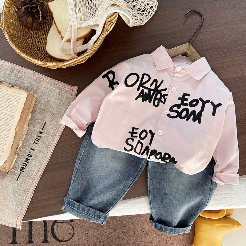 Boys' Outfit: Letter Print Shirt Set, Casual Trendy, Long Sleeve Two-Piece Set for Babies Toddlers in Spring and Autumn