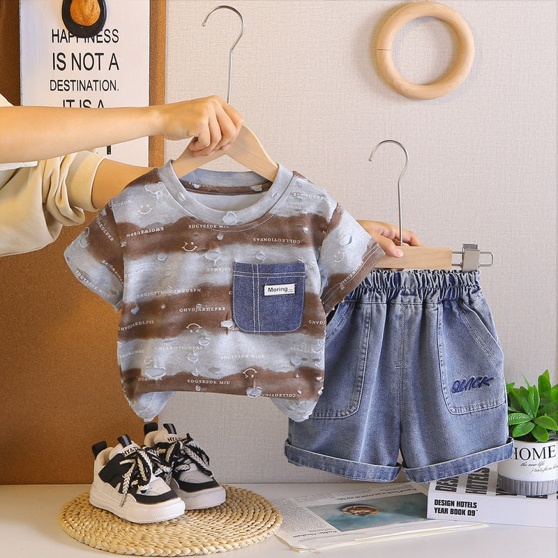 2026 Summer Boys' Outfit: Stylish Baby Smiley Face Wave Pattern Short Sleeve Two-Piece Set for Boys, Korean Style Trendy