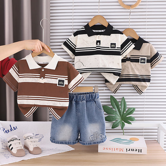 Boys' Outfit 2026 New Fashionable Casual Striped Short-Sleeve Summer Korean Style Two-Piece Set for Children