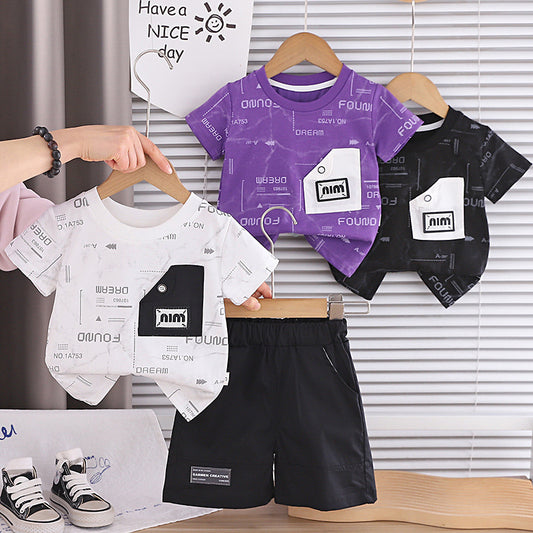 Boys' button pocket short-sleeve suit 2026 new style baby outfit infant children's clothing toddler summer clothes trendy