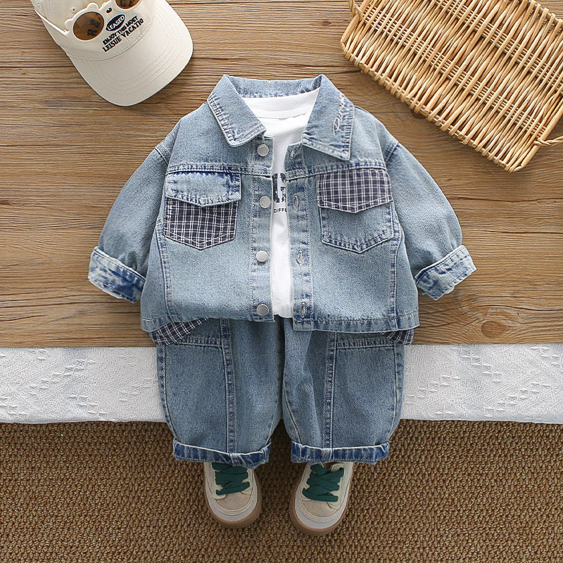 Boys' Autumn Plaid Color-Block Denim Three-Piece Set Infants and Toddlers 1-4 Years Old, Stylish Spring Outfit for Babies