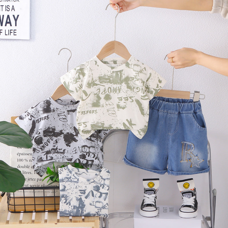 Boys' Summer Outfit 2026 New Style Children's Short Sleeve Denim Shorts Two-Piece Set Baby Fashionable Casual Trendy
