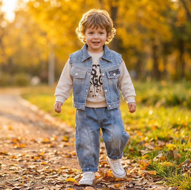 Boys' Denim Vest with Pockets Three-Piece Set 2026 New Fashionable Stylish Baby Clothes Spring and Autumn Outfit Trendy