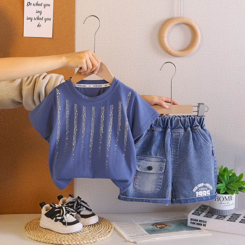 2026 Foreign Trade Summer Round Neck Rhinestone Children's Printed Thin T-shirt and Denim Two-piece Set Wholesale 3