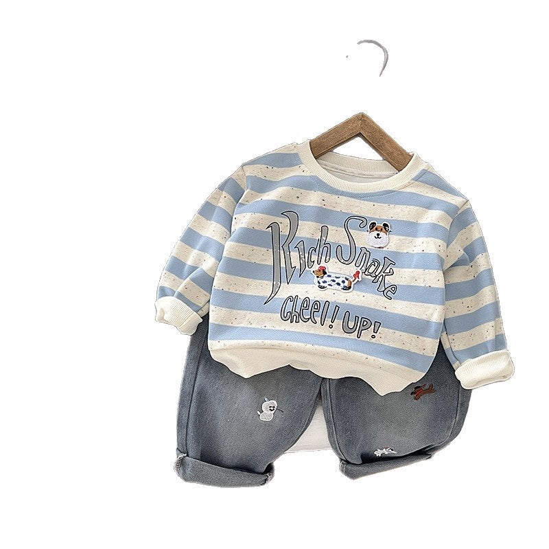 Stylish trendy children's clothing boys, baby outfit with colorful dots puppy design, two-piece set, 2026 new model, infants aged 1 to 5 years, suitable for spring and autumn