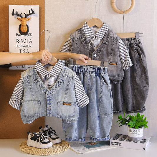 Boys' Outfit 2026 New Set: 4-Plaid Shirt, Denim Vest, Three-Piece Set Spring and Autumn, Stylish for 1-Year-Old Baby