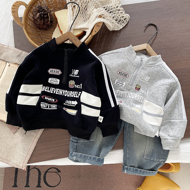 Boys' sports suit spring autumn, motorcycle-style half-zip sweatshirt, long-sleeve casual two-piece set, cool stylish autumn outfit for infants and toddlers