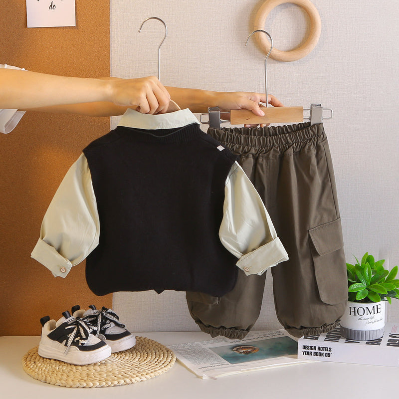2026 New Boys' Outfit Baby Spring and Autumn Tie Sweater Three-Piece Set Infant Toddler Clothing Trendy