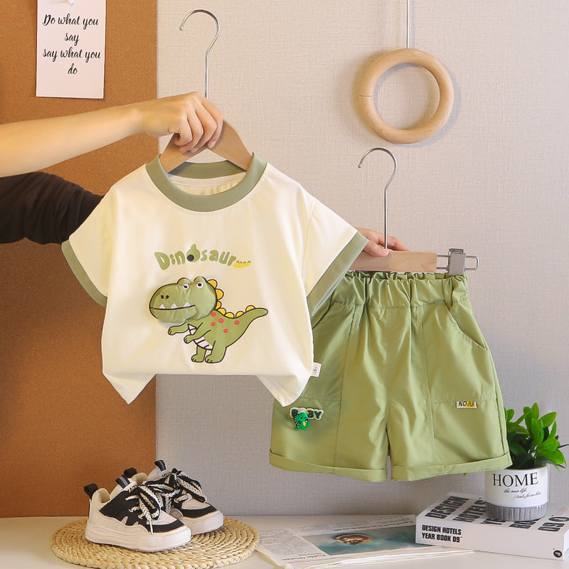 Boys' Outfit Dinosaur Round Neck Short Sleeve New Fashionable Summer Two-Piece Set for Baby Boys with Shorts