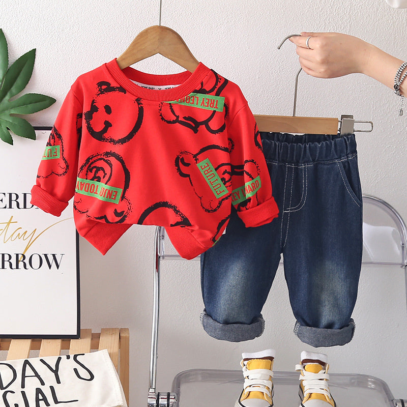 Baby outfit, full-print bear head sweatshirt two-piece set for 3-6-12 months old boys, spring and autumn cartoon clothing
