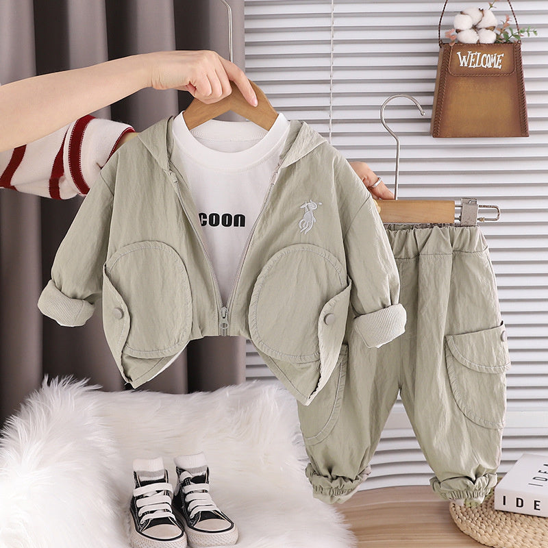 Spring Outfit 2026 New Trendy Stylish Fashionable Children's Clothing Boys' Solid Color Hooded Three-Piece Set