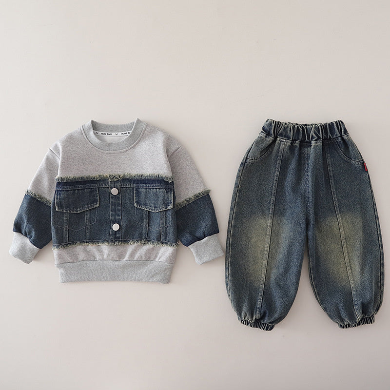 Boys' Outfit Baby 2026 New Fashionable Infant Spring and Autumn Denim Patchwork Sweatshirt Two-Piece Set Trendy