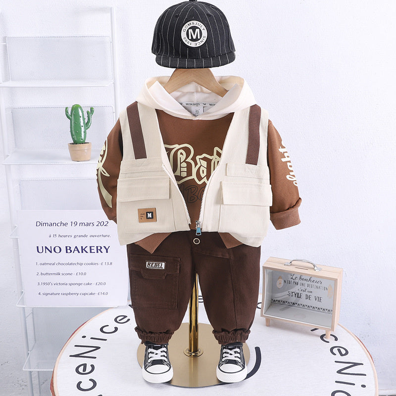 Children's Clothing Boys' 2023 Baby Boy Stylish Autumn Outfit Korean Version Street Style Fake Strap Vest Three-Piece Set