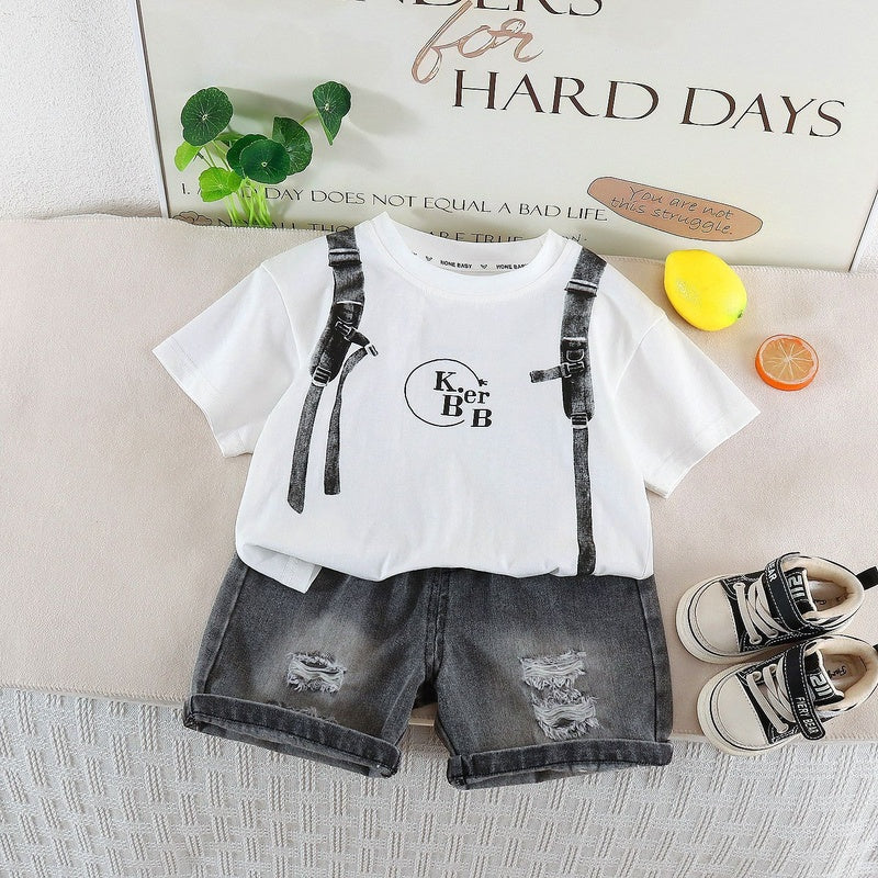 Children's Sports Outfit 2026 Summer New Style Boys and Girls Faux Backpack Short Sleeve Baby Casual Shorts Cute Two-Piece Set
