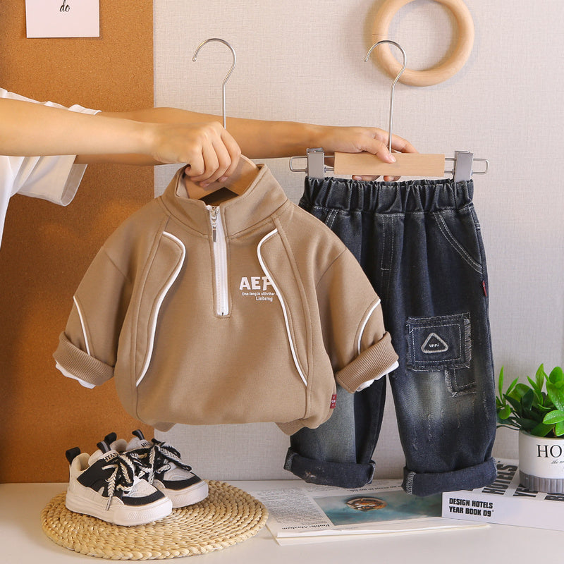 Boys' Outfit 2026 New Fashionable Two-Piece Set Baby Spring and Autumn Casual Half-Zip Sweatshirt Toddler Sportswear