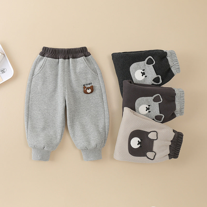 Baby Fleece-Lined Big Mouth Bear Autumn Winter Style Outerwear Boys Toddler Sweatpants Children's Sports Infant Long Pants