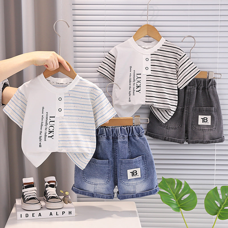 Boys' Outfit 2026 New Fashionable Two-Piece Set Baby Summer Half-Striped Short Sleeve Shorts for Infants and Toddlers