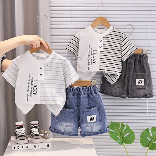 Boys' Outfit 2026 New Fashionable Two-Piece Set Baby Summer Half-Striped Short Sleeve Shorts for Infants and Toddlers