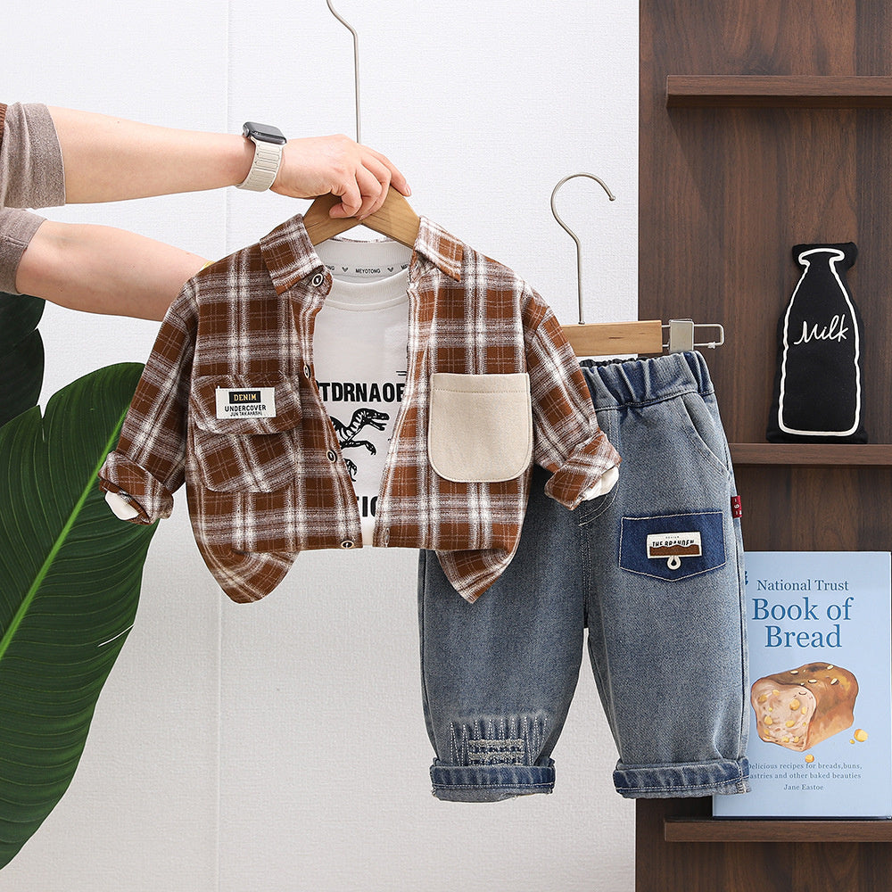 Stylish trendy children's clothing boys, baby outfit, dinosaur plaid shirt three-piece set, 2026 new model for infants in spring and autumn