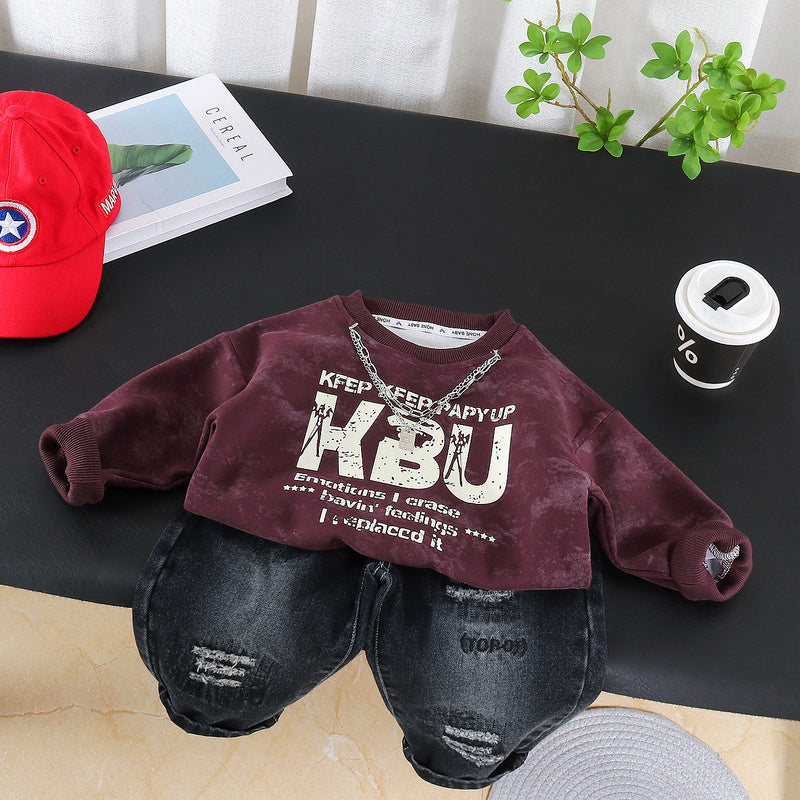 Boys' Spring and Autumn Outfit 2026 New Fashionable Infant Children's Clothing Baby Casual Long Sleeve Two-Piece Set with Chain