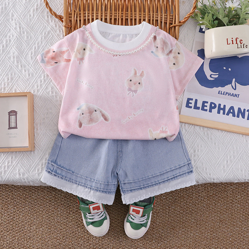 Baby Girl Outfit 2026 New Children's Clothing Thin Full-Print Bunny Short Sleeve Shorts Girls' Summer Wear