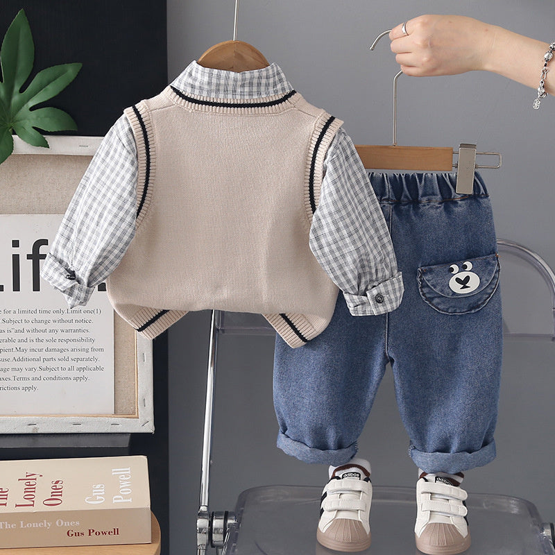 Boys' Outfit 2026 New Spring and Style Children's Fashionable Baby Autumn Casual Cartoon Big Bear Sweater Three-Piece Set