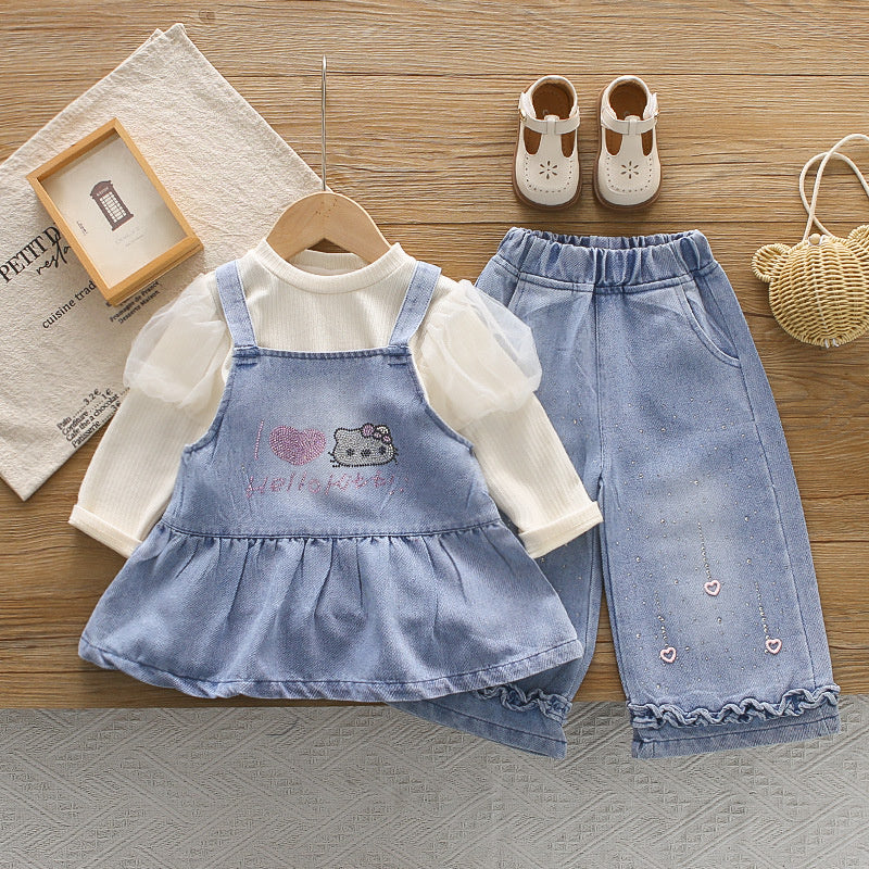 Girls' Outfit 2026 New Fashionable Children's Clothing Baby Denim Suspender Skirt Three-Piece Set Spring and Autumn Clothes