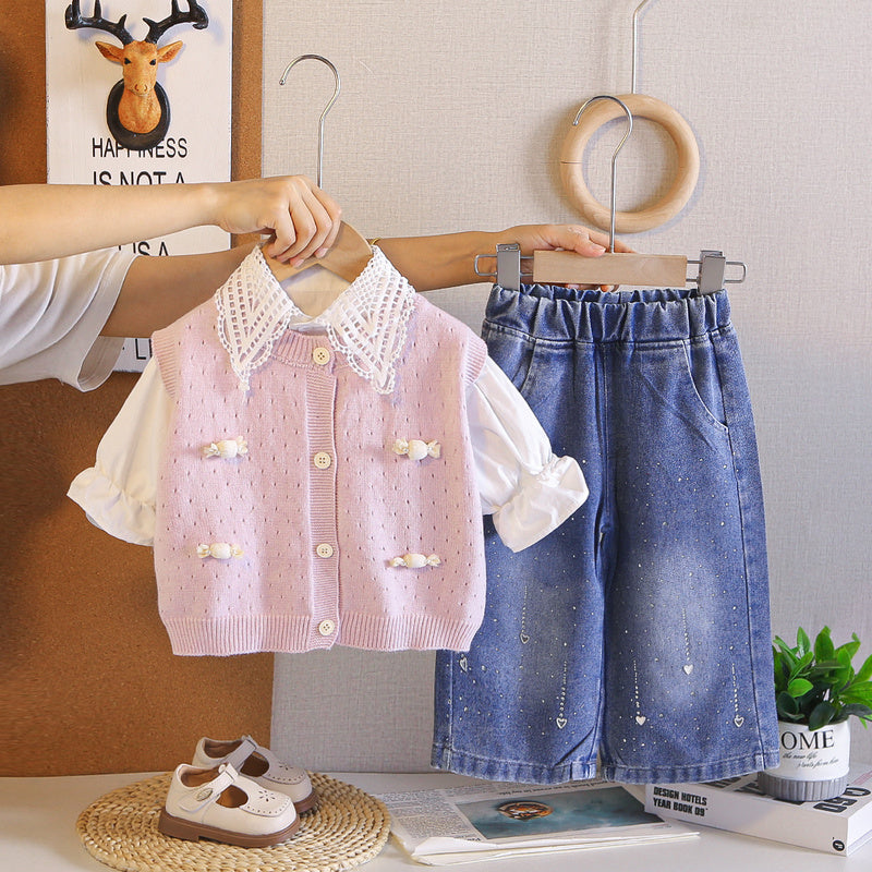 Girls' Spring and Autumn Outfit 2026 New Fashionable Candy-Colored Sweater Three-Piece Set for Children, Trendy Baby Fall Clothes