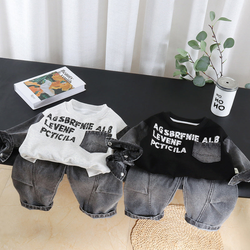 Boys' Sports Suit 2026 Spring and Autumn New Denim Pocket Sweatshirt Two-Piece Set Children's Baby Clothes