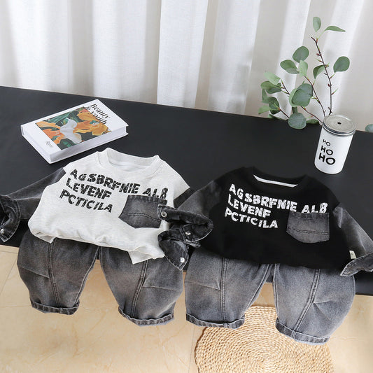Boys' Sports Suit 2026 Spring and Autumn New Denim Pocket Sweatshirt Two-Piece Set Children's Baby Clothes